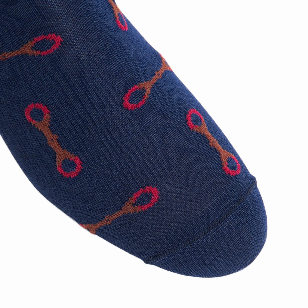 Cl. Navy with Whiskey Brown and Red Horsebit Cotton Sock Linked Toe Mid-calf