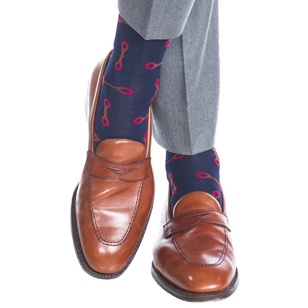 Cl. Navy with Whiskey Brown and Red Horsebit Cotton Sock Linked Toe Mid-calf