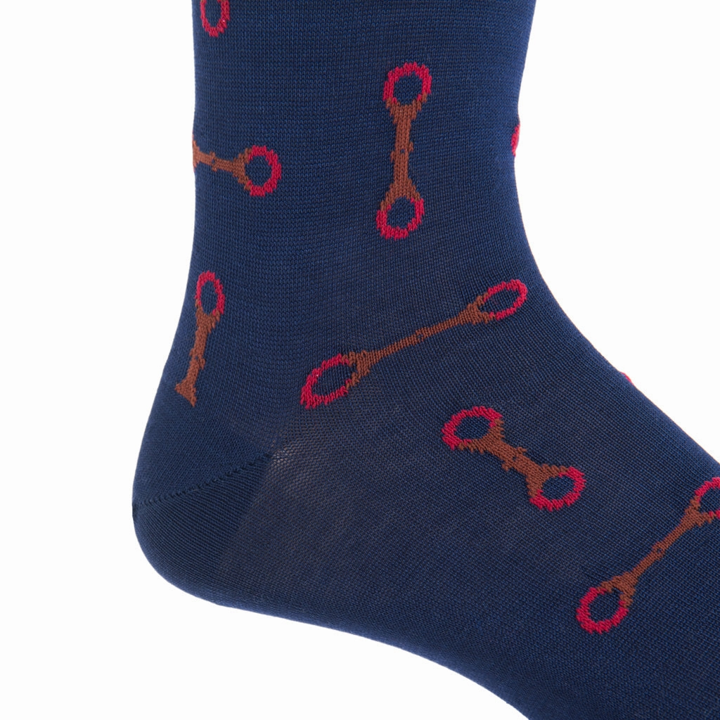 Cl. Navy with Whiskey Brown and Red Horsebit Cotton Sock Linked Toe Mid-calf