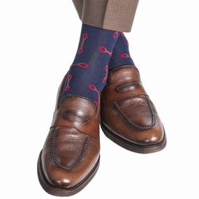 Cl. Navy with Whiskey Brown and Red Horsebit Cotton Sock Linked Toe Mid-calf