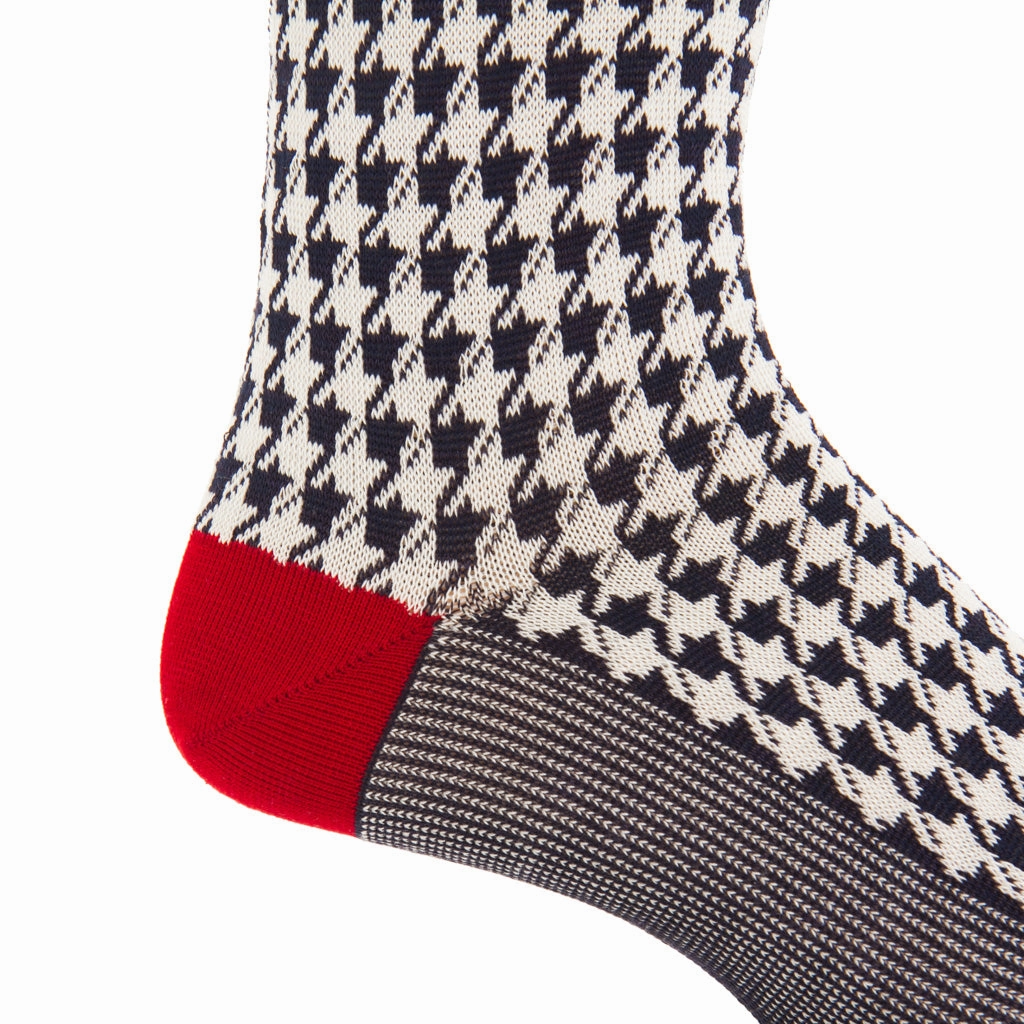 Classic Navy and Cream Large Houndstooth with Red Tipping Cotton Sock Linked Toe Mid-Calf