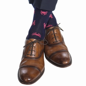 Classic Navy With Coral Lobster And Crab Cotton Sock Linked Toe Mid-Calf