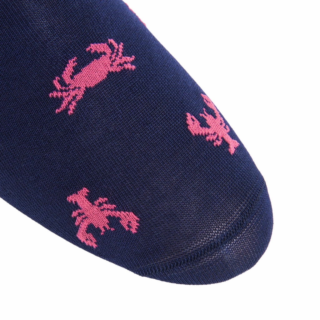 Classic Navy With Coral Lobster And Crab Cotton Sock Linked Toe Mid-Calf
