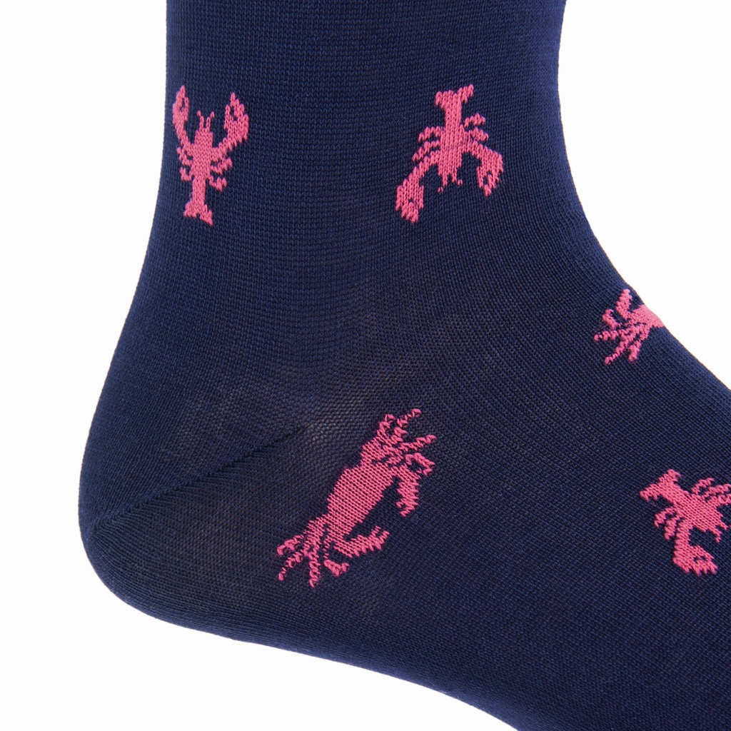 Classic Navy With Coral Lobster And Crab Cotton Sock Linked Toe Mid-Calf