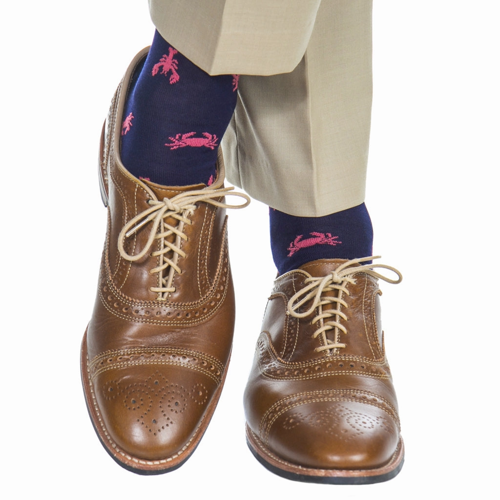 Classic Navy With Coral Lobster And Crab Cotton Sock Linked Toe Mid-Calf