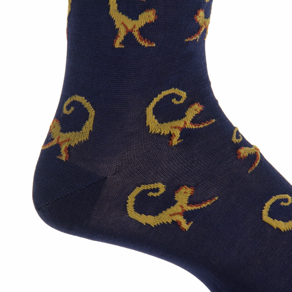 Classic Navy with Gold and Whiskey Brown Monkey Cotton Sock Linked Toe Mid-Calf