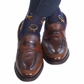 Classic Navy with Gold and Whiskey Brown Monkey Cotton Sock Linked Toe Mid-Calf