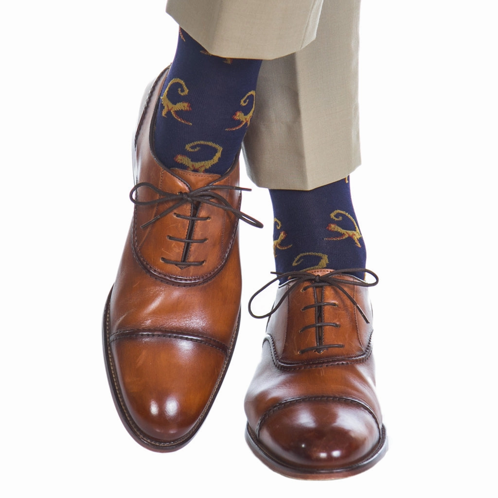 Classic Navy with Gold and Whiskey Brown Monkey Cotton Sock Linked Toe Mid-Calf