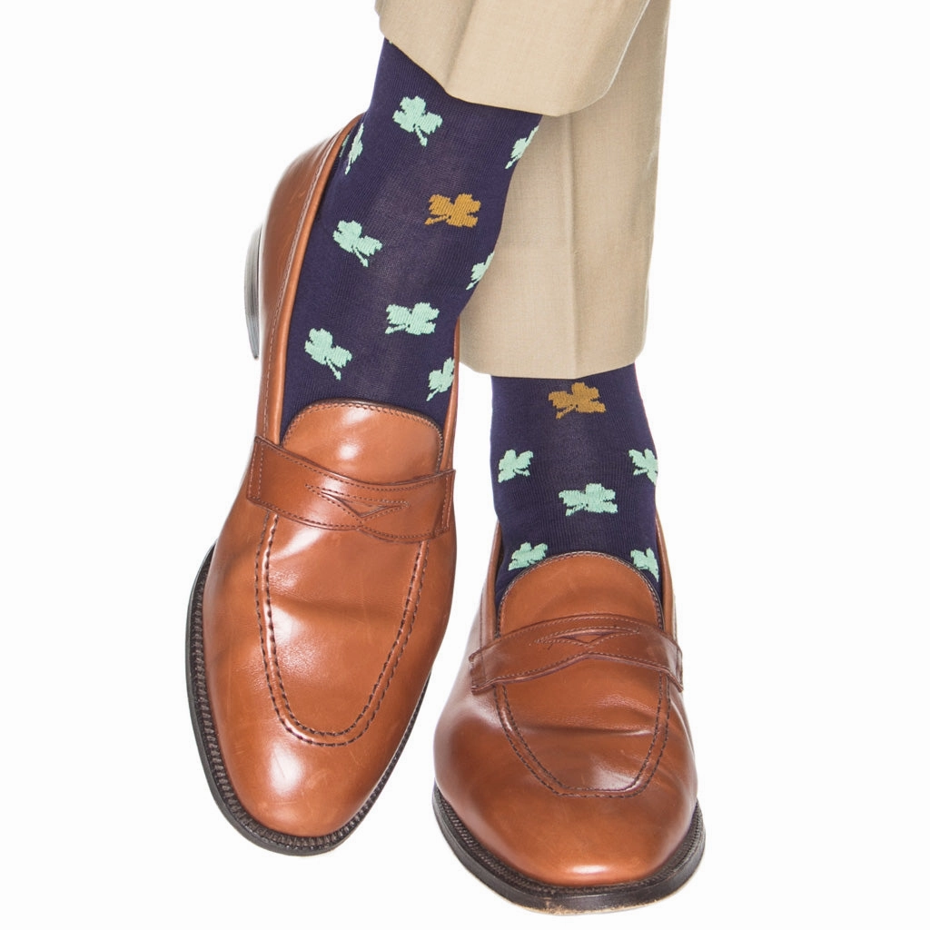 Classic Navy with Green and Gold Shamrock Cotton Sock Linked Toe Mid-Calf