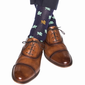 Classic Navy with Green and Gold Shamrock Cotton Sock Linked Toe Mid-Calf