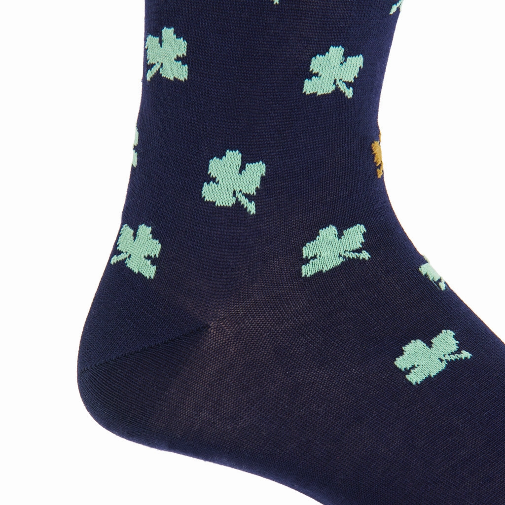 Classic Navy with Green and Gold Shamrock Cotton Sock Linked Toe Mid-Calf