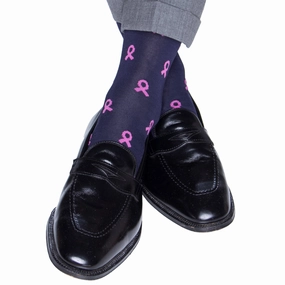 Classic Navy with Pink Ribbon Breast Cancer Awareness Cotton Sock Linked Toe Mid-Calf