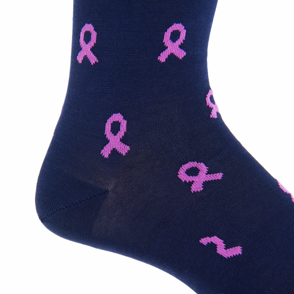 Classic Navy with Pink Ribbon Breast Cancer Awareness Cotton Sock Linked Toe Mid-Calf