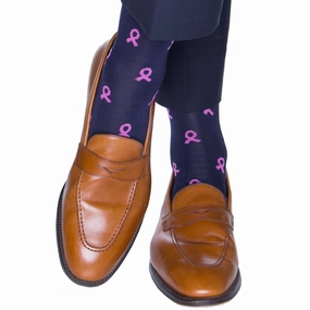 Classic Navy with Pink Ribbon Breast Cancer Awareness Cotton Sock Linked Toe OTC