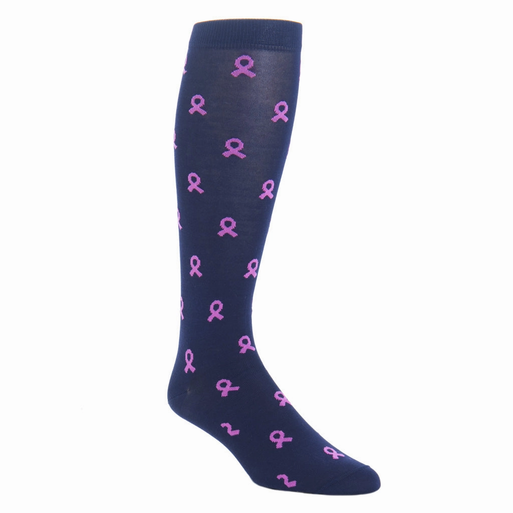 Classic Navy with Pink Ribbon Breast Cancer Awareness Cotton Sock Linked Toe OTC