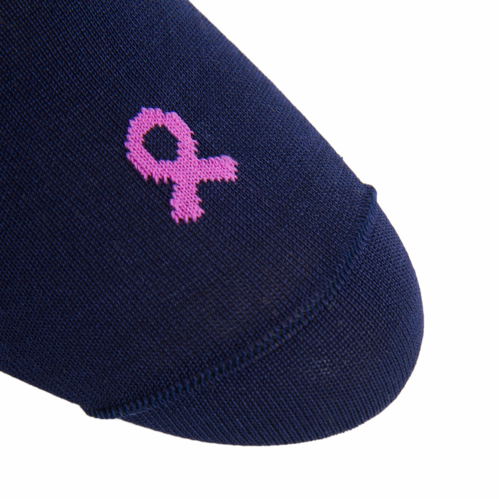 Classic Navy with Pink Ribbon Breast Cancer Awareness Cotton Sock Linked Toe OTC