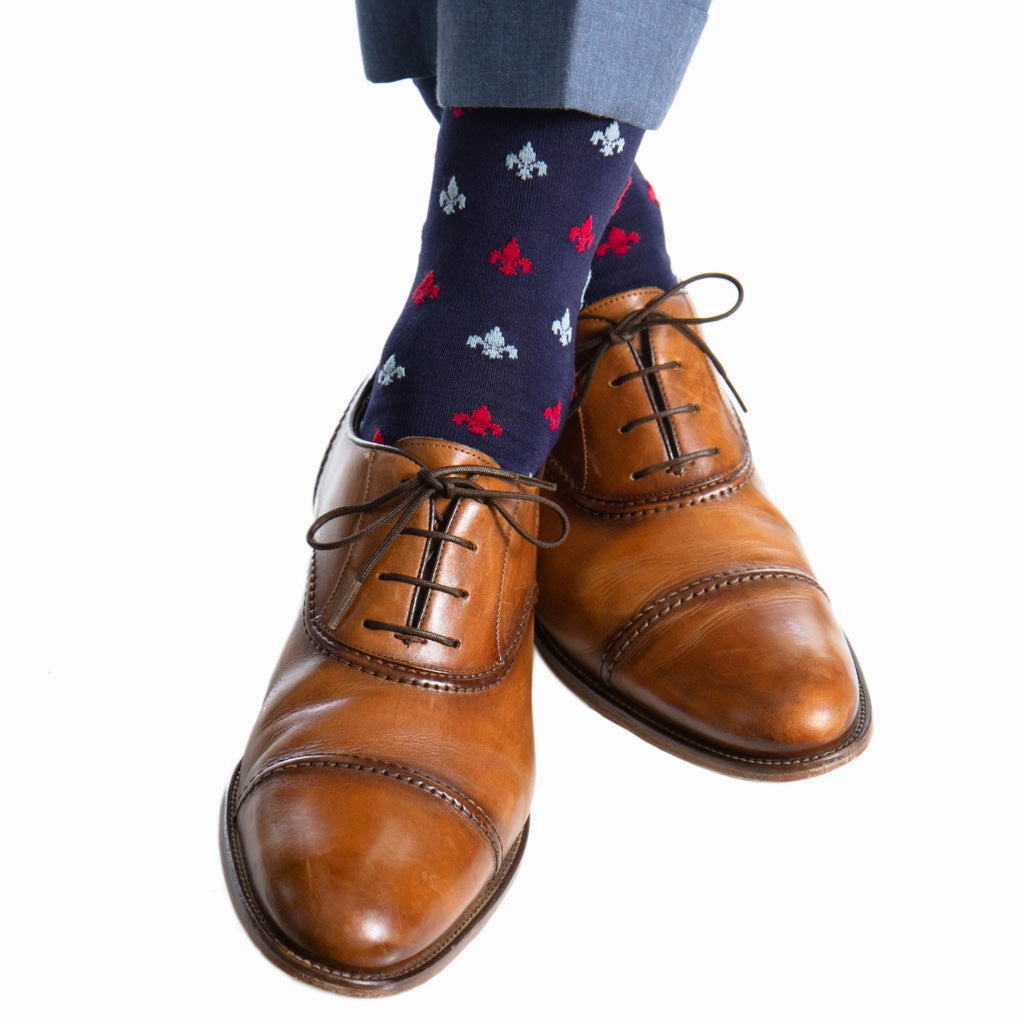 Classic Navy with Red and Sky Blue Fleur De Lis Cotton Sock Linked Toe OTC
