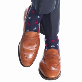 Classic Navy with Red and Sky Blue Fleur De Lis Cotton Sock Linked Toe OTC