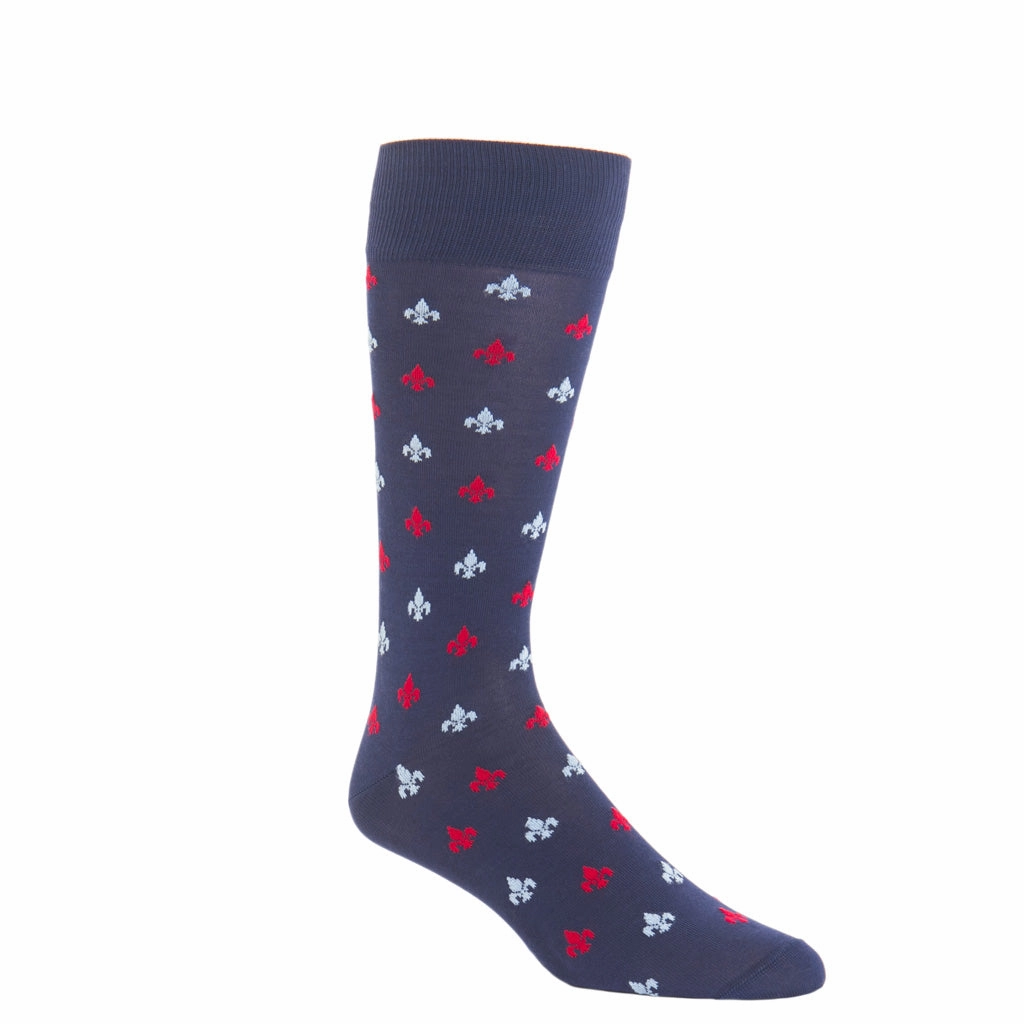 Classic Navy with Red and Sky Blue Fleur De Lis Cotton Sock Linked Toe OTC