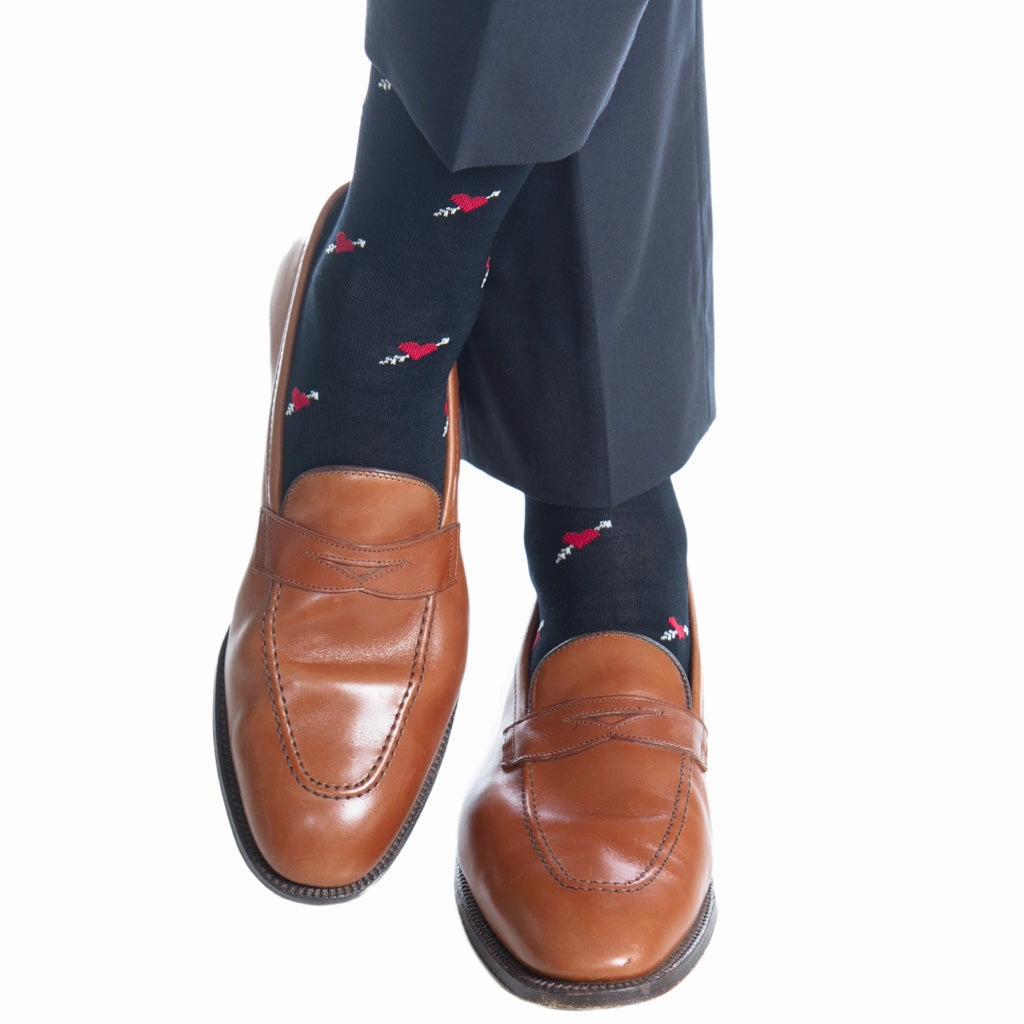 Classic Navy with Red Heart and Cream Arrow Cotton Sock Linked Toe Mid-Calf