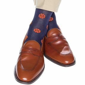 Classic Navy with Tigerlily Orange Basketball Sock Cotton Linked Toe Mid-Calf