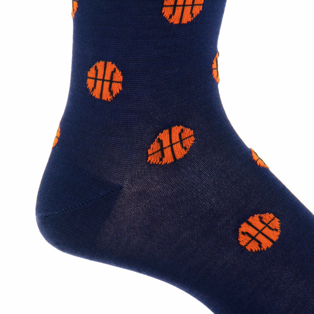 Classic Navy with Tigerlily Orange Basketball Sock Cotton Linked Toe Mid-Calf