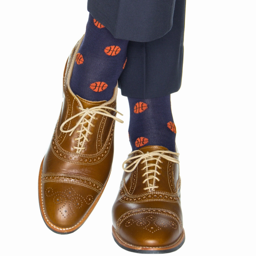 Classic Navy with Tigerlily Orange Basketball Sock Cotton Linked Toe Mid-Calf