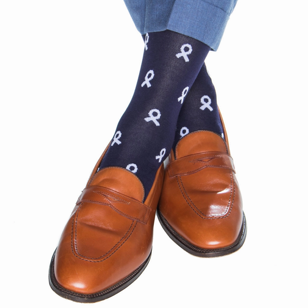 Classic Navy with White Ribbon Lung Cancer Awareness Cotton Sock Linked Toe OTC