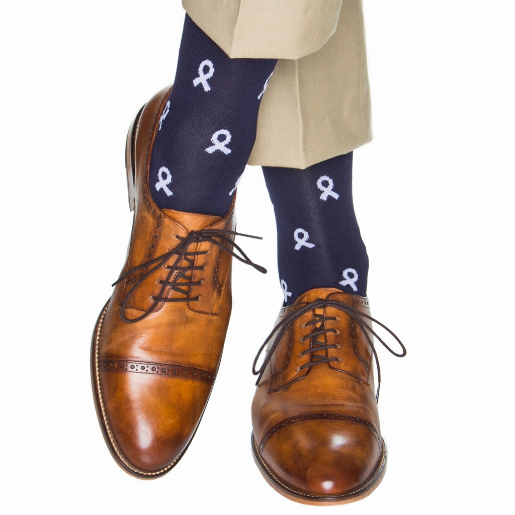 Classic Navy with White Ribbon Lung Cancer Awareness Cotton Sock Linked Toe OTC