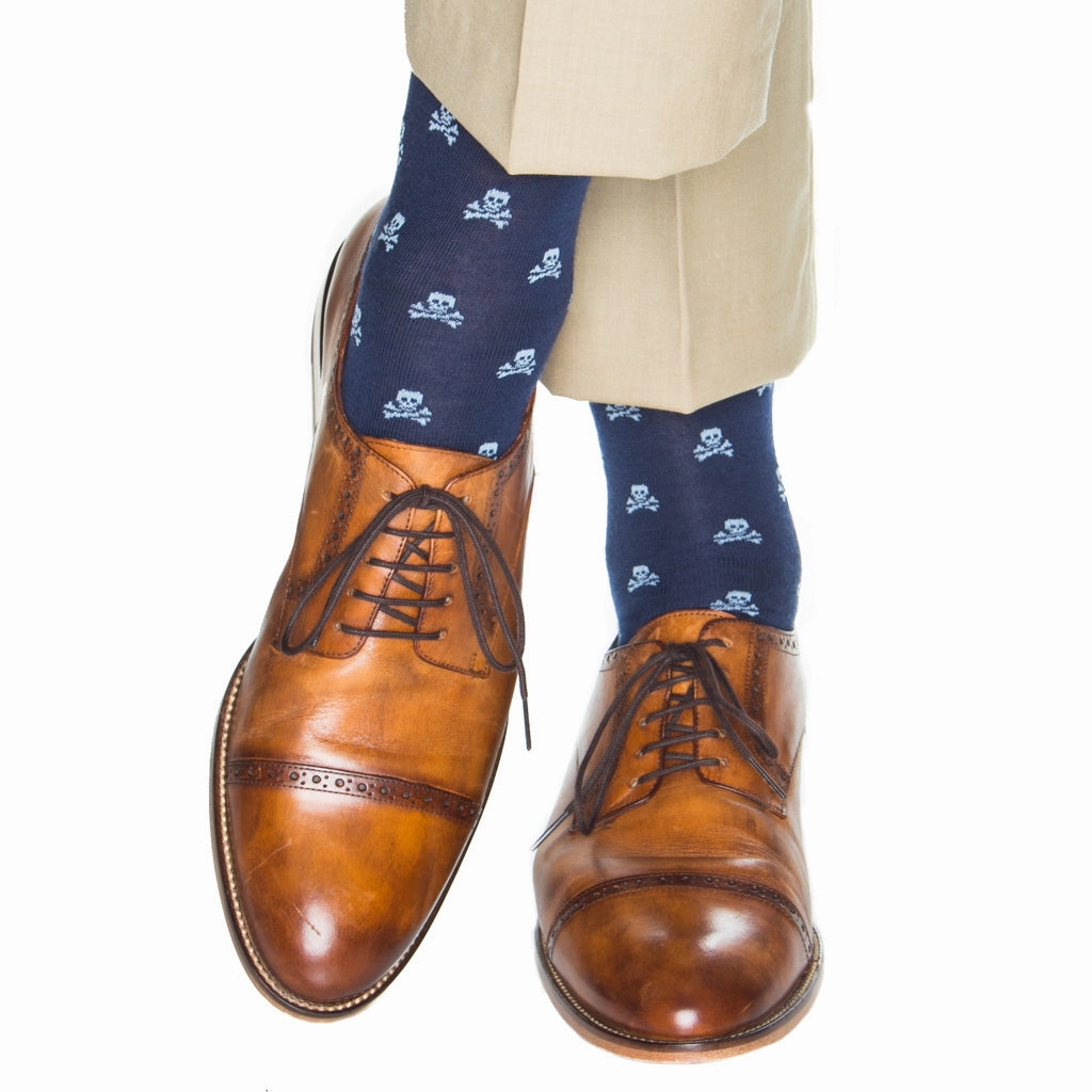 Classic Navy with White Skull and Crossbones Sock Cotton Linked Toe Mid-Calf