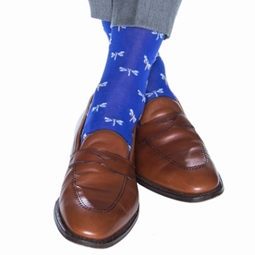 Clematis Blue w/Sky Blue and Yellow Dragonflies Cotton Sock Linked Toe Mid-Calf