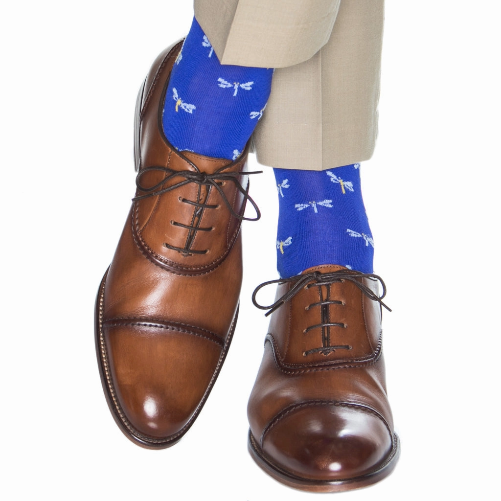Clematis Blue w/Sky Blue and Yellow Dragonflies Cotton Sock Linked Toe Mid-Calf
