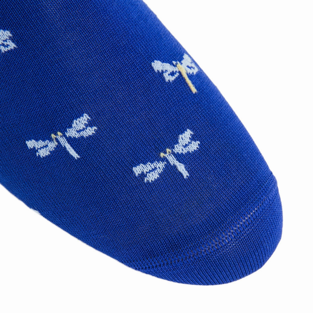Clematis Blue w/Sky Blue and Yellow Dragonflies Cotton Sock Linked Toe Mid-Calf