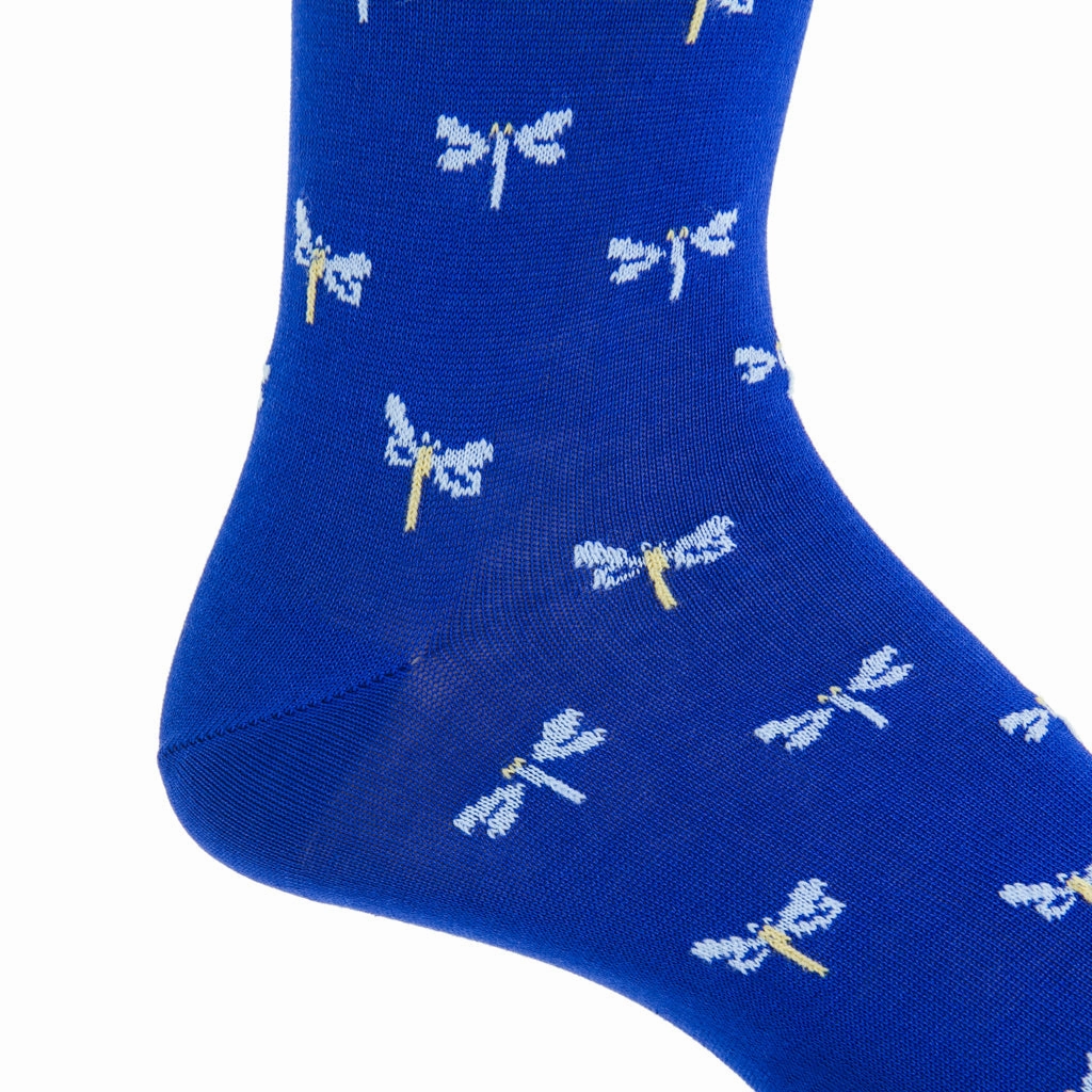 Clematis Blue w/Sky Blue and Yellow Dragonflies Cotton Sock Linked Toe Mid-Calf