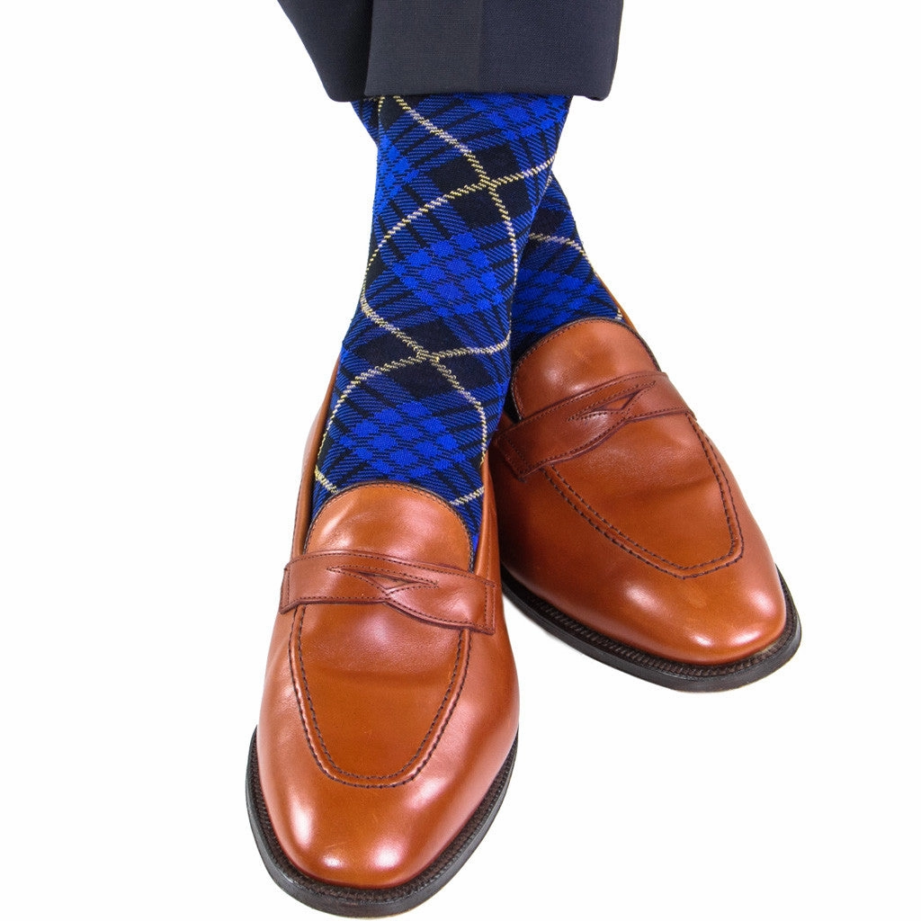 Clematis Blue with Navy and Yolk Tartan Cotton Sock Linked Toe OTC