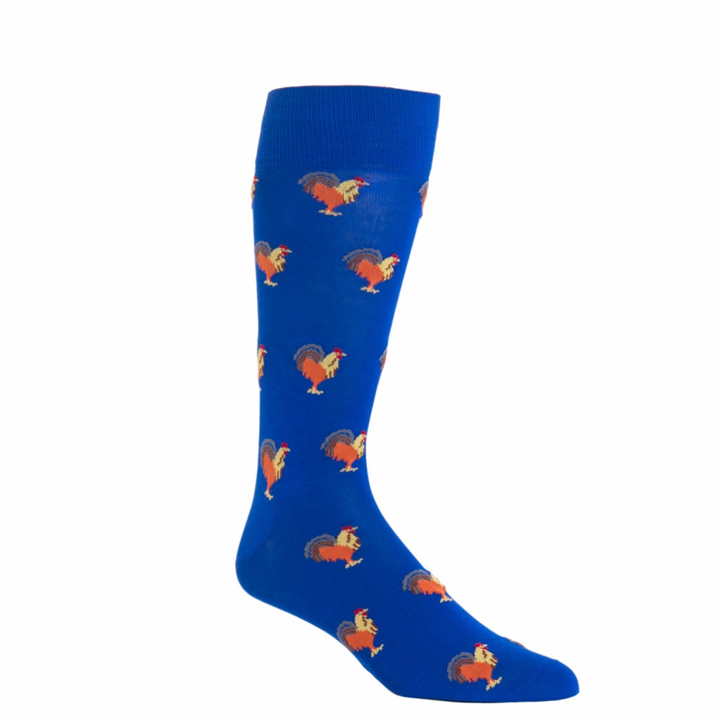 Clematis Blue with Orange, Yolk, Whiskey and Steel Gray Rooster Cotton Sock Linked Toe  OTC