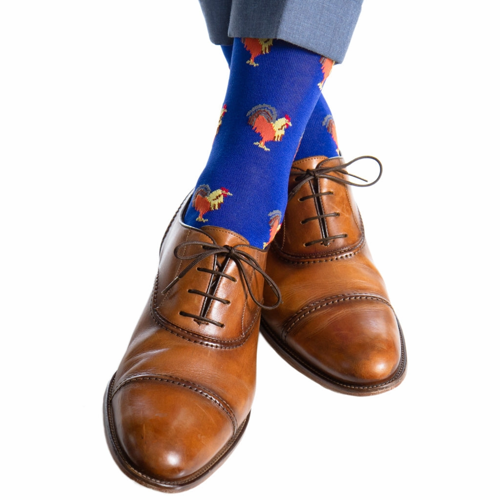 Clematis Blue with Orange, Yolk, Whiskey and Steel Gray Rooster Cotton Sock Linked Toe  OTC