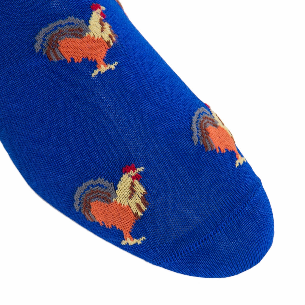 Clematis Blue with Orange, Yolk, Whiskey and Steel Gray Rooster Cotton Sock Linked Toe  OTC