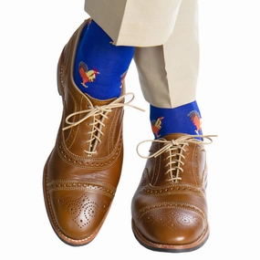 Clematis Blue with Orange, Yolk, Whiskey and Steel Gray Rooster Cotton Sock Linked Toe  OTC
