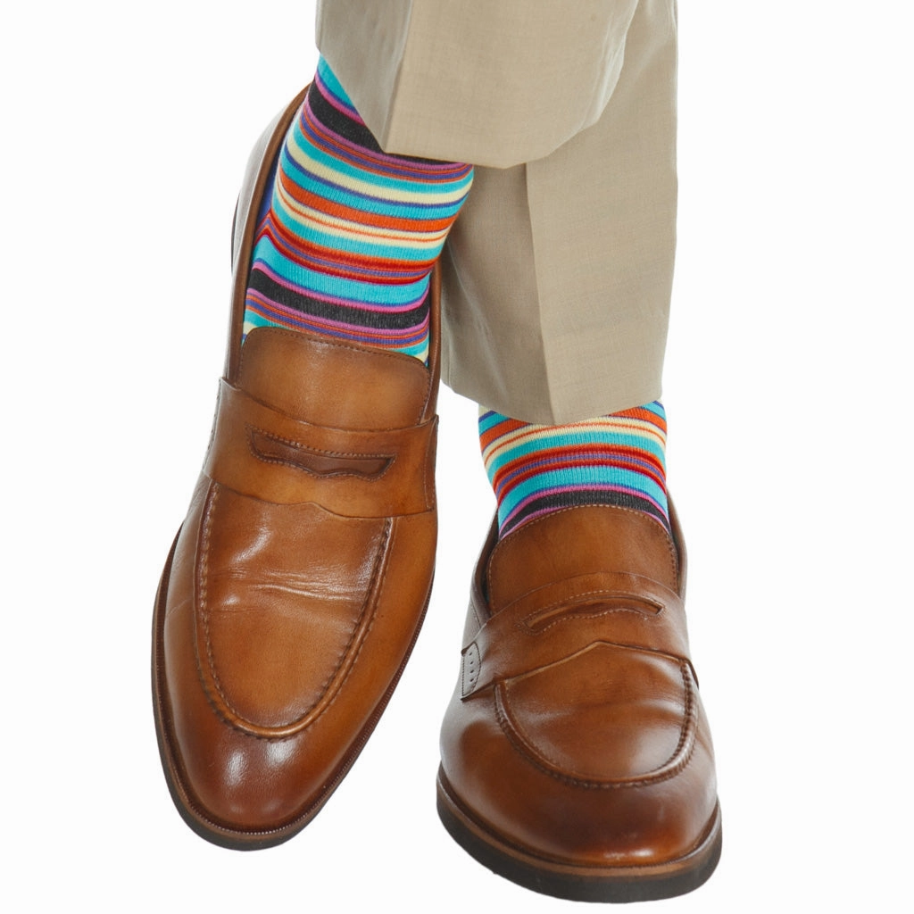 Clematis Blue with Rose, Yolk, and Tigerlily Orange Stripe Cotton Sock Linked Toe Mid-Calf