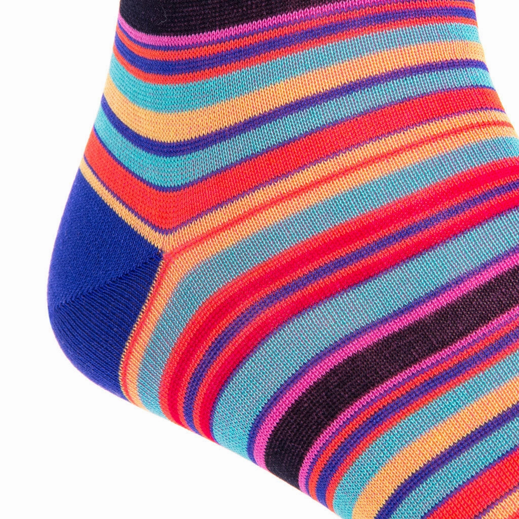 Clematis Blue with Rose, Yolk, and Tigerlily Orange Stripe Cotton Sock Linked Toe Mid-Calf