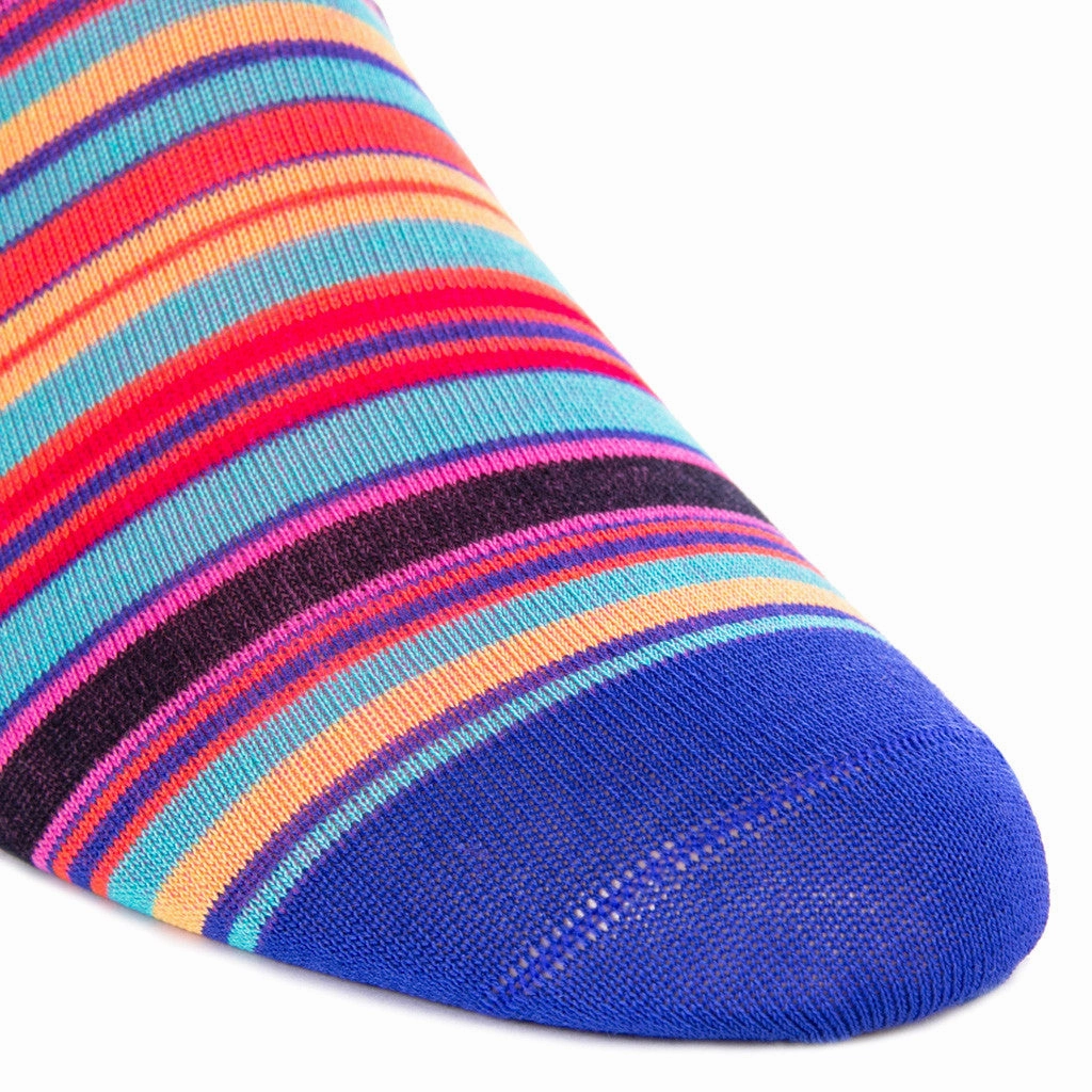 Clematis Blue with Rose, Yolk, and Tigerlily Orange Stripe Cotton Sock Linked Toe Mid-Calf