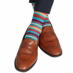Clematis Blue with Rose, Yolk, and Tigerlily Orange Stripe Cotton Sock Linked Toe Mid-Calf