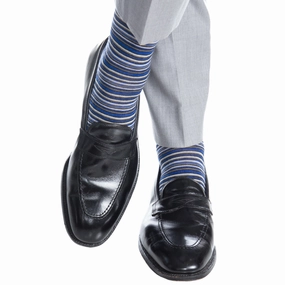 Cobalt Blue, Black, Charcoal, and White Variegated Stripe Fine Merino Wool Sock Linked Toe OTC