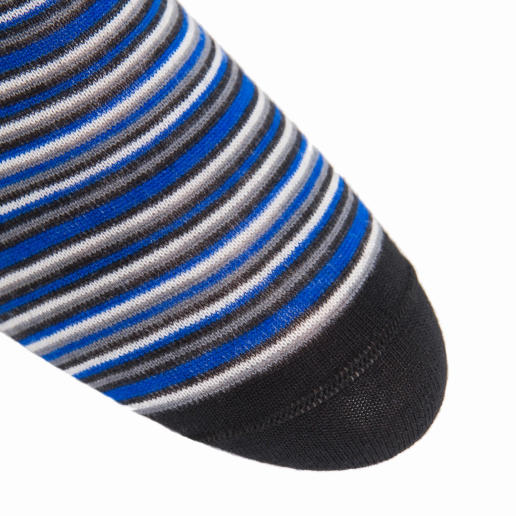 Cobalt Blue, Black, Charcoal, and White Variegated Stripe Fine Merino Wool Sock Linked Toe OTC