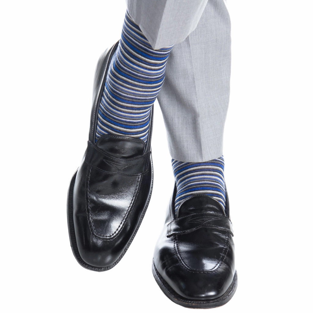 Cobalt Blue, Black, Charcoal, and White Variegated Stripe Fine Merino Wool Sock Linked Toe OTC