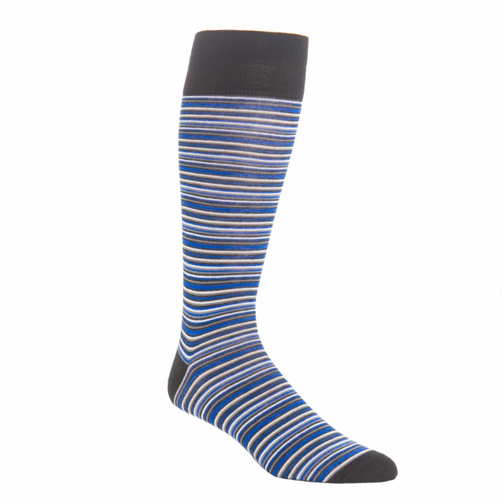 Cobalt Blue, Black, Charcoal, and White Variegated Stripe Fine Merino Wool Sock Linked Toe OTC