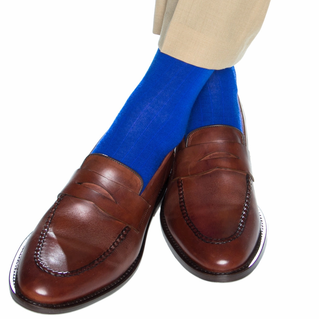 Cobalt Blue Solid Ribbed Fine Merino Wool Sock Linked Toe OTC