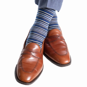 Cobalt Blue with Black, Charcoal, and White Variegated Stripe Fine Merino Wool Sock Linked Toe Mid-Calf
