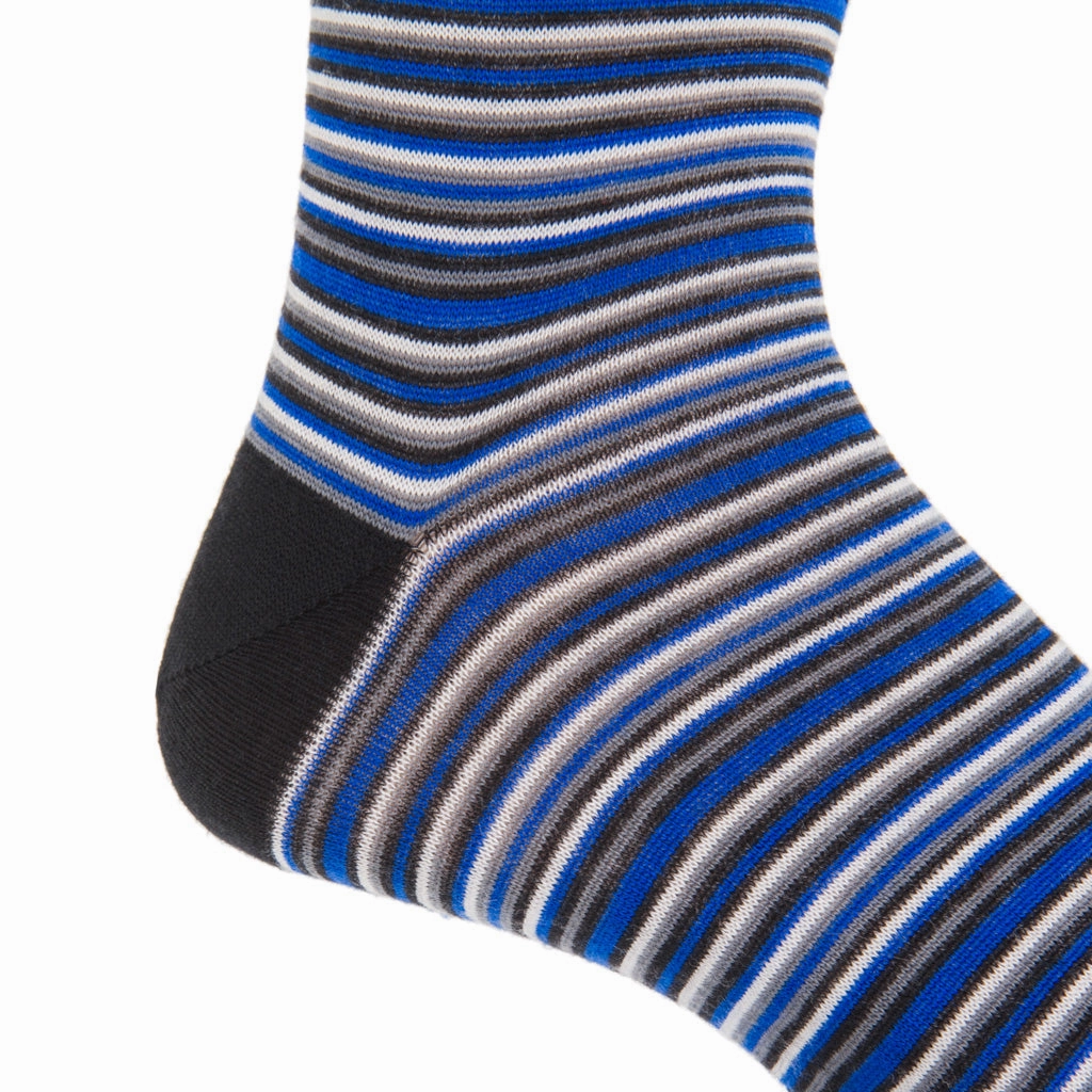 Cobalt Blue with Black, Charcoal, and White Variegated Stripe Fine Merino Wool Sock Linked Toe Mid-Calf